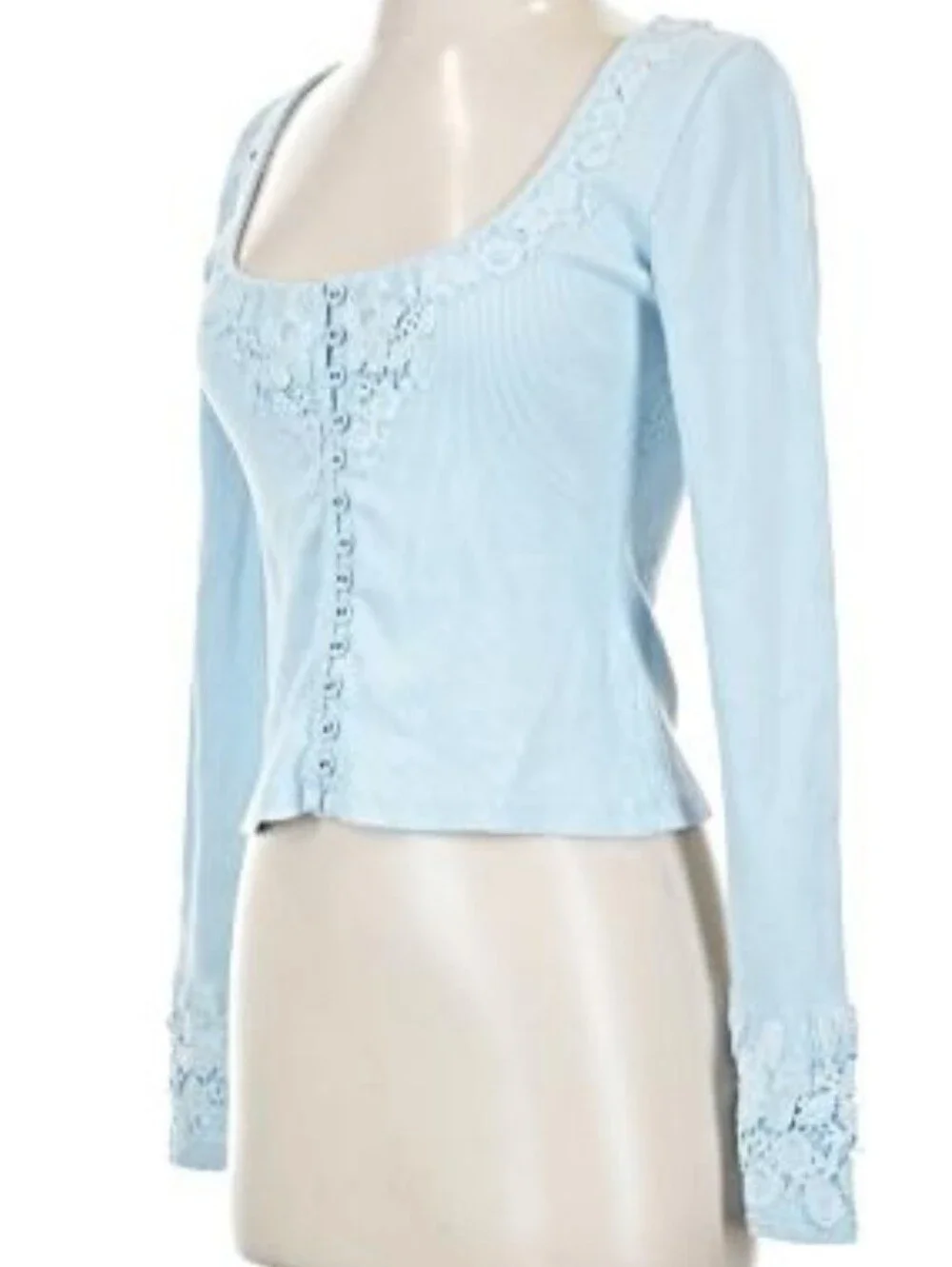 By Anthropologie Long Sleeve Lace Trim Blouse-Light Blue